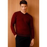 Desen Triko Erkek Yaka Kenarı Çizgili V Yaka Kazak Bordo - 2XL