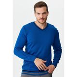 Desen Triko Erkek Yaka Kenarı Çizgili V Yaka Kazak Saks Mavi - XL