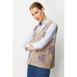 Desen Triko Kadın Pıtırcık Çiçekli Patchwork Keçe Yün Yelek 24084 Bej-Mor