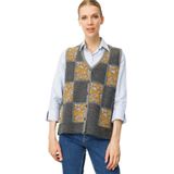 Desen Triko Kadın Pıtırcık Çiçekli Patchwork Keçe Yün Yelek 24084 Füme-Hardal