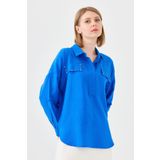 Desen Triko Kadın Polo Yaka Cepli Bluz 23485 Saks L