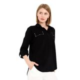 Desen Triko Kadın Polo Yaka Cepli Bluz 23485 Siyah L