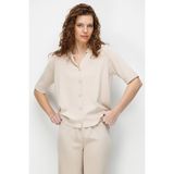 Desen Triko Kadın Polo Yaka Kısa Kollu Ince Triko Ceket 26363 Bej - 2XL
