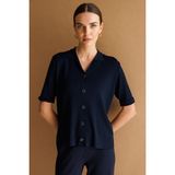 Desen Triko Kadın Polo Yaka Kısa Kollu Ince Triko Ceket 26363 Koyu Lacivert - 2XL