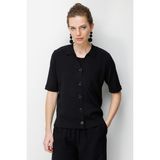 Desen Triko Kadın Polo Yaka Kısa Kollu Ince Triko Ceket 26363 Siyah - XL