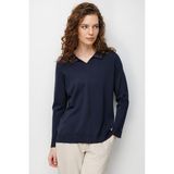 Desen Triko Kadın Polo Yaka Nakışlı Ince Triko Bluz 26361 Lacivert - 2XL