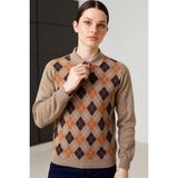 Desen Triko Kadın Polo Yaka Önü Baklavalı Yün Kazak V.camel - XL