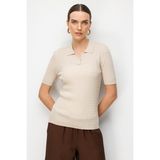 Desen Triko Kadın Polo Yaka Saç Örgülü Ince Triko Bluz Bej - 2XL