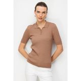 Desen Triko Kadın Polo Yaka Saç Örgülü Ince Triko Bluz Moka - XL