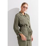 Desen Triko Kadın Safari Model Keten Ceket Haki - XL