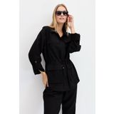 Desen Triko Kadın Safari Model Keten Ceket Siyah Beden;L,Renk;Siyah