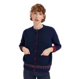 Desen Triko Kadın Sıfır Yaka Eteği ve Kol Ucu Desenli Yün Ceket 24085 Y.a. Lacivert - XL