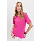 Desen Triko Kadın Sıfır Yaka Flamlı Kumaş Penye Tshirt Fuşya Beden;L,Renk;Fuşya
