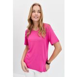 Desen Triko Kadın Sıfır Yaka Flamlı Kumaş Penye Tshirt Fuşya