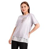 DESEN TRİKO Kadın Sıfır Yaka Kısa Kol Şifonlu Parlak Kumaş Bluz Gümüş Beden;4 BEDEN (XL) dsnNM2615