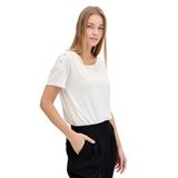 Desen Triko Kadın Sıfır Yaka Omuzları Düğmeli Tshirt Ekru Beden;S,Renk;Ekru