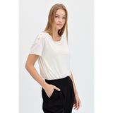 Desen Triko Kadın Sıfır Yaka Omuzları Düğmeli Tshirt Ekru Beden;XL,Renk;Ekru