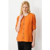 Desen Triko Kadın Sıfır Yaka Önü Nakışlı Bluz 25773 Turuncu