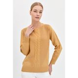 Desen Triko Kadın Sıfır Yaka Önü Saç Örgülü Kazak Camel - XL
