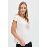 Desen Triko Kadın Sıfır Yaka Önü Taşlı Çapalı Tshirt Ekru