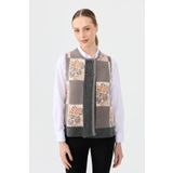 Desen Triko Kadın Sıfır Yaka Patchwork Arkası Keçe Kısa Yün Yelek 24074 Füme L