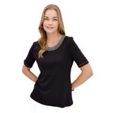 Desen Triko Kadın Sıfır Yaka Yakası Nakışlı Pamuklu Tshirt Siyah Beden;S,Renk;Siyah