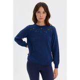 Desen Triko Kadın Sıfır Yaka Yanı Pirinç Örgü Yün Kazak Indigo - İndigo - XL
