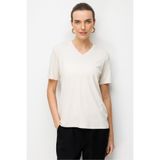 Desen Triko Kadın V Yaka Flamlı Kumaş Basic Tshirt Bej
