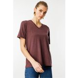 Desen Triko Kadın V Yaka Flamlı Kumaş Basic Tshirt Kahve