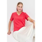 Desen Triko Kadın V Yaka Flamlı Kumaş Basic Tshirt Mercan