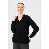 Desen Triko Kadın V Yaka Klasik Yün Kazak Siyah - XL