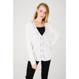 Desen Triko Kadın Yakası Renkli Taş Baskılı İnce Triko Hırka Kemik