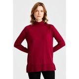 Desen Triko Kadın Yarım Balıkçı Yaka Kolları Yırtmaçlı Kazak Vişne - 2XL
