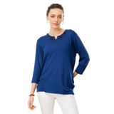 Desen Triko Oversize Nakışlı 3/4 Kol Tişört - Günlük Şıklık, S, DSN24752, İndigo, Kadın