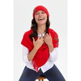 Desen Triko Papatya Çiçek İşlemeli Yün Bere, Standart, 24026, Mercan, Kadın