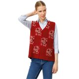 Desen Triko Pıtırcık Çiçekli Patchwork Keçe Yün Yelek, M, 24084, Y.Kırmızı_Bej, Kadın
