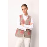 Desen Triko Pıtırcık Çiçekli Patchwork Keçe Yün Yelek, XL, 24084, Bej_Y.Ş.Pembe, Kadın