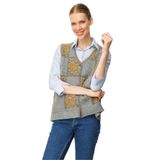 Desen Triko Pıtırcık Çiçekli Patchwork Keçe Yün Yelek, XL, Pıtırcık Çiçekli Patchwork, Y.Füme_Hardal, Kadın