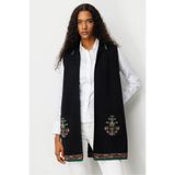 Desen Triko Polo Yaka Etek Ucu Kilim Desenli Uzun Yün Yelek, S, Polo Yaka Kilim Desenli Yelek, Siyah, Kadın