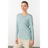 Desen Triko Sıfır Yaka Basic Penye Bluz, L, 23787, Mint, Kadın
