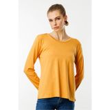 Desen Triko Sıfır Yaka Flamlı Kumaş Basic Penye Bluz, S, KMY24093, Hardal, Kadın