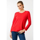 Desen Triko Sıfır Yaka Flamlı Kumaş Basic Penye Bluz, S, KMY24093, Mercan, Kadın