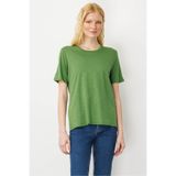 Desen Triko Sıfır Yaka Flamlı Kumaş Penye Tshirt, M, KMY24084, A.Yeşil, Kadın