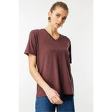 Desen Triko V Yaka Flamlı Kumaş Basic Tshirt, L, KMY24085, Kahve, Kadın