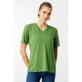Desen Triko V Yaka Flamlı Kumaş Basic Tshirt, S, KMY24085, A.Yeşil, Kadın