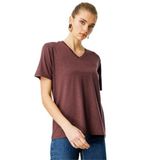 Desen Triko V Yaka Flamlı Kumaş Basic Tshirt, S, KMY24085, Kahve, Kadın