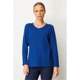 Desen Triko V Yaka Omuzları Boncuk İşlemeli Bluz, XL, 25090, K.Saks, Kadın
