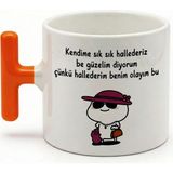 Desene Bak Komik Yazılı ve Sevimli Karakter Baskılı Seramik Hediye Kupa Bardak - Turuncu
