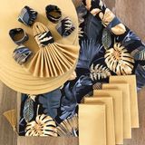 Desenİzmir Amerikan Servis Altın Yaprak Desen Takım 6 Supla, 6 Kumaş Peçete, 6 Peçete Halkası ve Runner Örtü 5 - 40 x 140 cm - Renkli