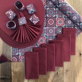Desenİzmir Amerikan Servis Bordo Seramik Desen Takım 6 Supla, 6 Kumaş Peçete, 6 Peçete Halkası ve Runner Örtü 3 - 40 x 140 cm - Renkli